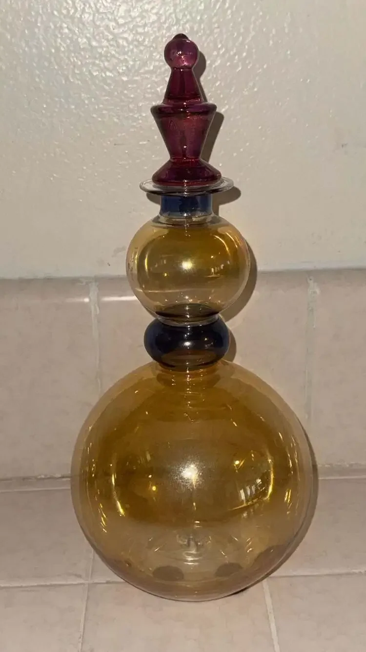 Vintage Rainbow Glass Italian Amber and Blue Art Glass Decanter Burgundy Stopper